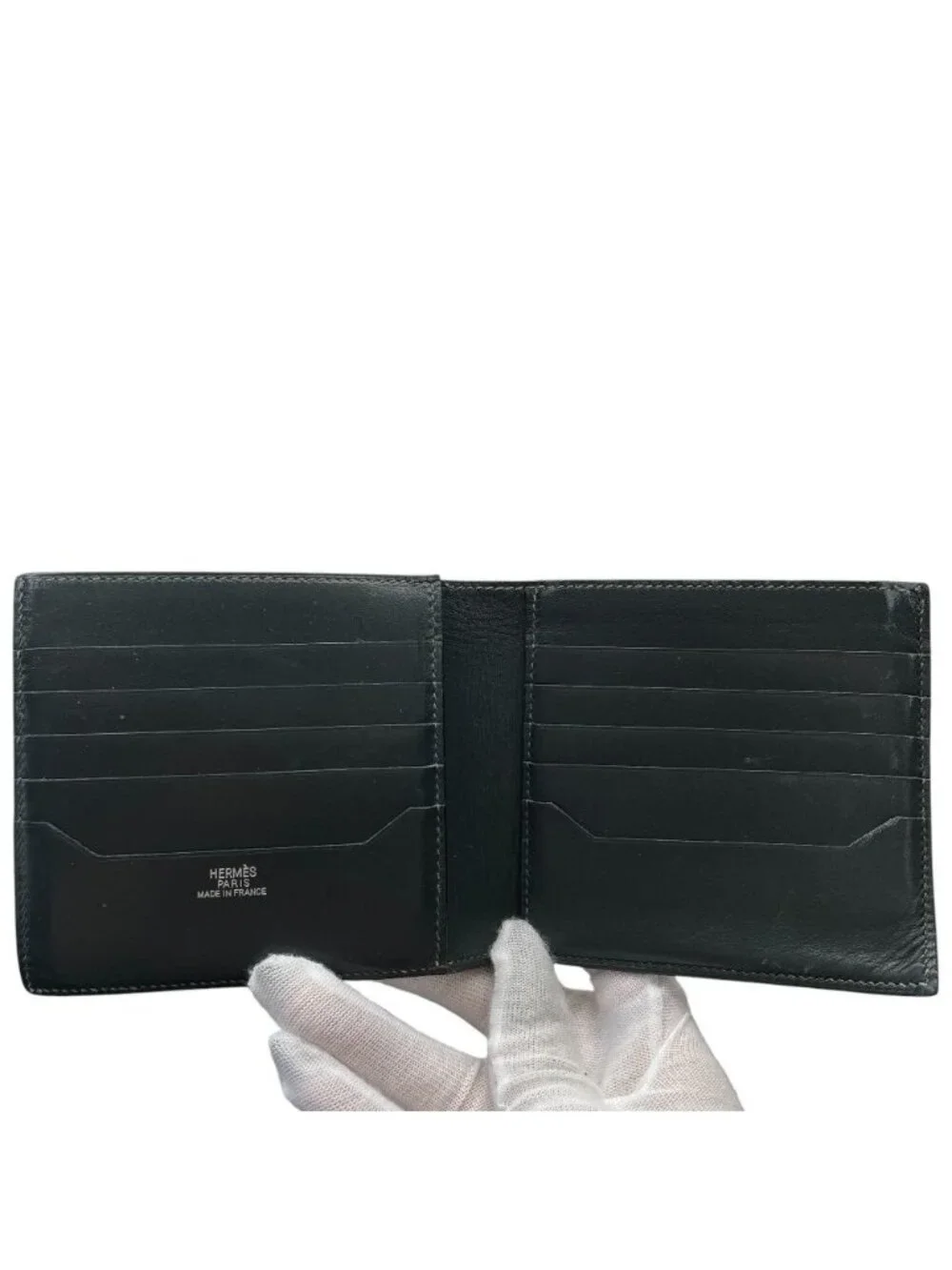Hermes Bifold Wallet Folding Bill Card Slot Leather Dark Green Compact Capacity